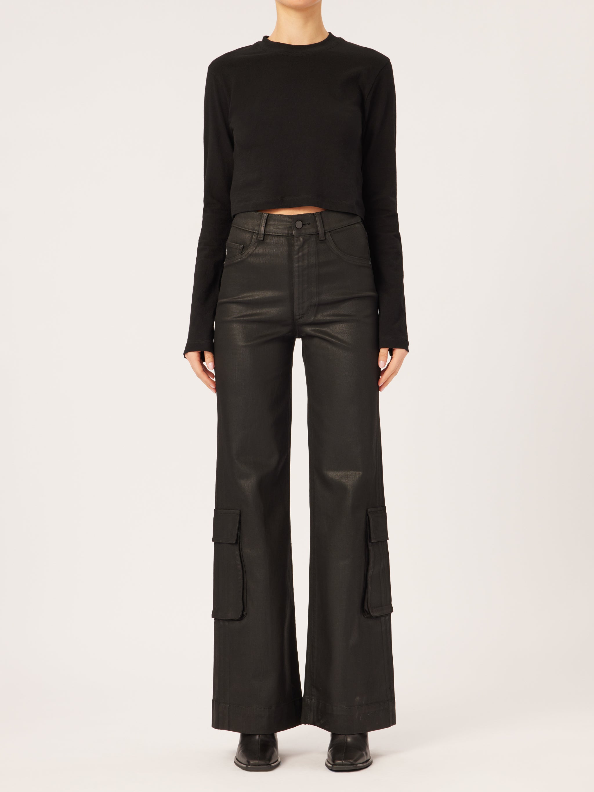 Hepburn Wide Leg  High Rise Vintage 32" | Black Coated Cargo