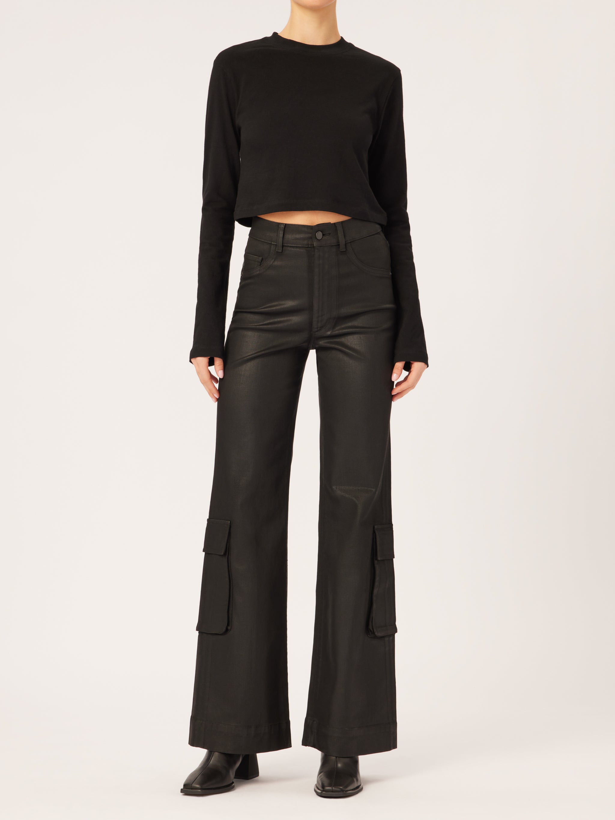 Hepburn Wide Leg  High Rise Vintage 32" | Black Coated Cargo