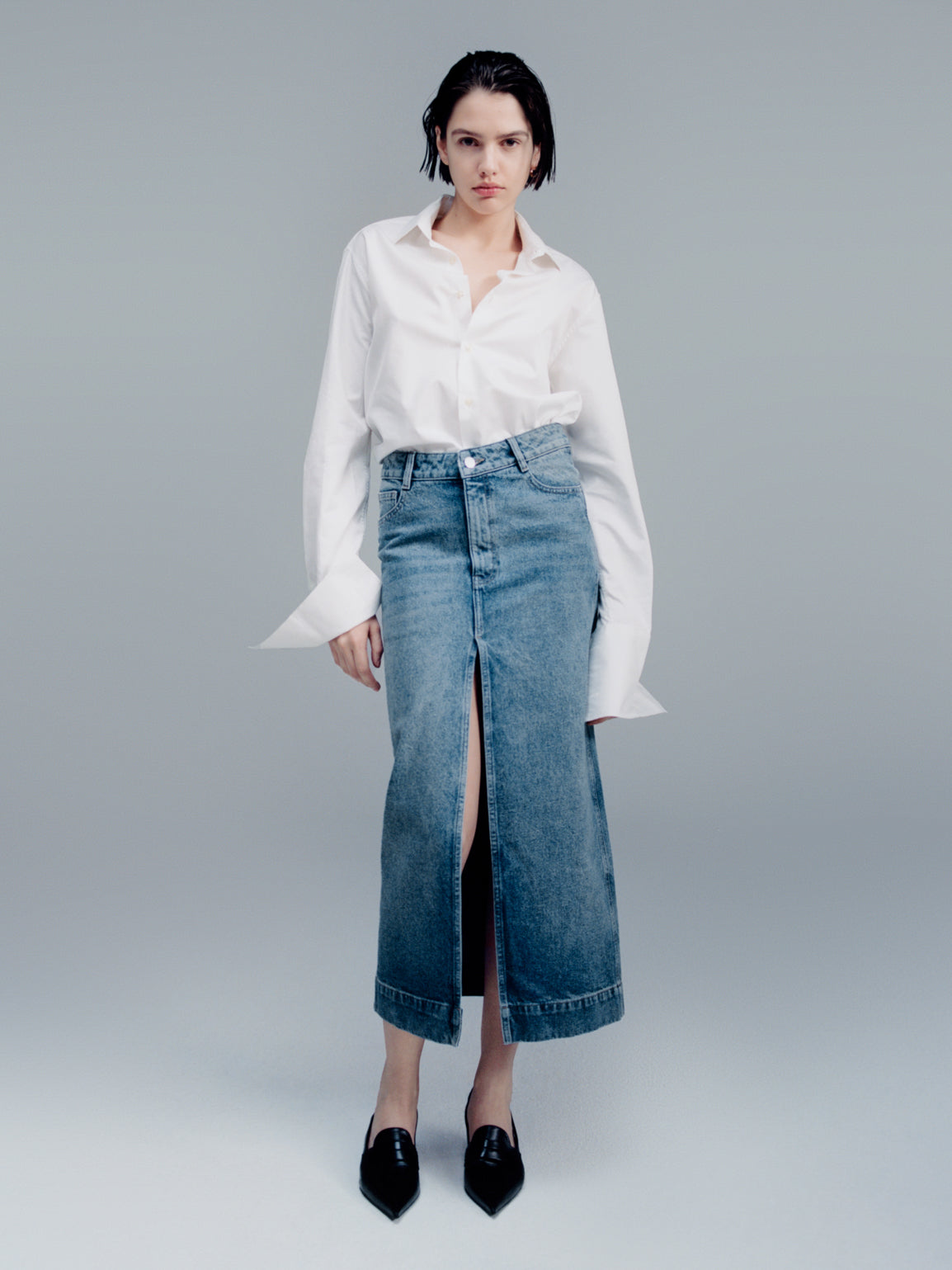Asra Low Rise Denim Maxi Skirt | Aged Mid